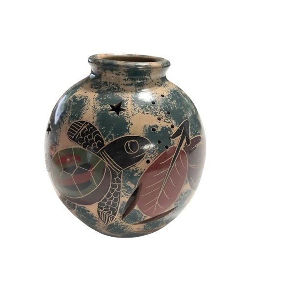 Votive Candle Holder Costa Rica Pottery Hand Carved Cut Away Design Butterfly - Picture 7 of 8